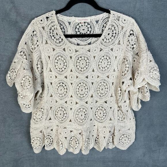 Solitaire Sweater Womens Medium Cream Crochet Knit Ruffle Sleeve Boho Festival - Picture 1 of 12